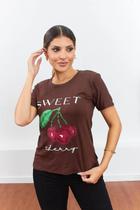 Camiseta Blusa T-shirt Feminina Cherry Viscolycra Cor Marrom