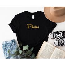 Camiseta Blusa T-shirt Feminina Pilates Preta com Dourado