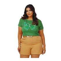 Camiseta Blusa T-shirt Plus Size Feminina Borboleta Verde Tamanho GG