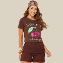 Camiseta Blusa Tshirt Feminina Viscolycra Cor Marrom Café Moda Cherry