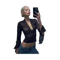 Camiseta Bodycon De Renda Preta Transparente De Manga Longa Para Mulheres, Outono Inverno, Festa,