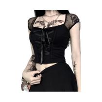 Camiseta Bodycon Feminina Preta com Renda Gótica - Estilo Vintage Camiseta Bodycon Feminina Preta com Renda Gótica - Estilo Vintage