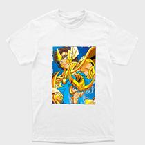 Camiseta branca Cavaleiros do zodiaco Aiolia de Leão e Milo de Escorpião Armadura de Leão e Milo Tamanho:PPTecido: