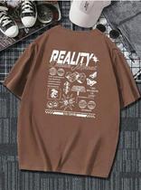 Camiseta Branca Masculina Oversize Marrom Frase Desenhos Estampada
