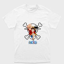 Camiseta Branca One Piece Monkey D. Luffy Em frente a bandeira Tamanho:G1Tecido:100% Algodão