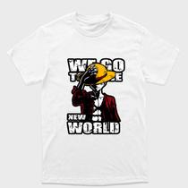 Camiseta Branca One Piece Monkey D. Luffy We Go New World Tamanho:G1Tecido:Drytec