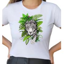 Camiseta Branco T Shirt Feminina Onca folhagem