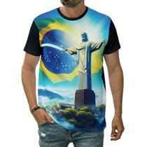 Camiseta Brasil Bandeira Cristo Redentor Céu Estátua Arte