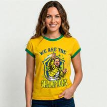 Camiseta Brasil 'We Are The Champions' Amarela com Gola e Punhos Verdes - Manga Curta Premium Camiseta Brasil 'We Are The Champions' Amarela com Gola e Punhos Verdes - Manga Curta Premium