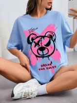 Camiseta Break The Rules Frase Estampada Desenho Urso Rebelde Quebre as Regras... T-shirt Manga Curta Ombro Caido Life S