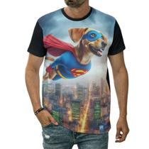 Camiseta Cachorro Super-herói Voando Sobre A Cidade Arte