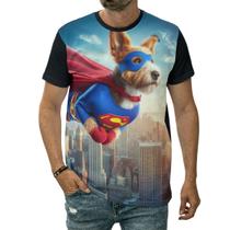 Camiseta Cachorro Super-herói Voando Sobre A Cidade Com Capa Camiseta Cachorro Super-herói Voando Sobre A Cidade Com Capa