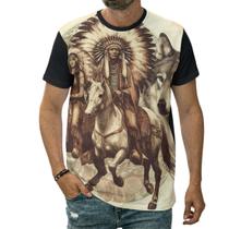 Camiseta Cacique Indígena A Cavalo Com Cocar Lobo Desenho