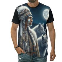 Camiseta Cacique Indígena Chefe De Tribo Lua Cheia Com Lobos