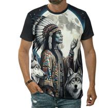 Camiseta Cacique Indígena Chefe De Tribo Luar Com Lobos