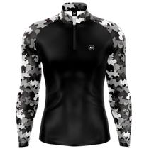 Camiseta Camisa Blusa Casual Pesca Agro Camuflada Preto e Branco Com Zíper Proteção Uv50