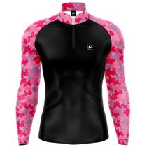 Camiseta Camisa Blusa Casual Pesca Agro Camuflado Rosa Com Zíper Proteção Uv50