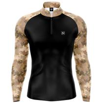 Camiseta Camisa Blusa Casual Pesca Agro Militar Bege Palha Com Zíper Proteção Uv50