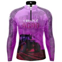 Camiseta Camisa Blusa O Brasil é Agro Trator Rosa Com Zíper Proteção Uv50