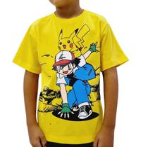 Camiseta Camisa Infantil Pokemon Ash e Pikachu Algodão Alta Qualidade