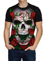 Camiseta Camisa Masculina Caveira Skull Love Flores Floral Long Line