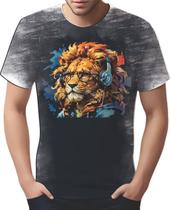 Camiseta Camisa Tshirt Animais Óculos Leão Fone Moderno 1 Camiseta Camisa Tshirt Animais Óculos Leão Fone Moderno 1