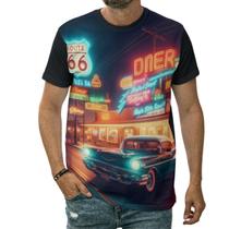 Camiseta Carro Antigo Anos 60 Route 66 Clássico Noite Arte Camiseta Carro Antigo Anos 60 Route 66 Clássico Noite Arte