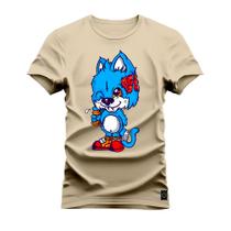 Camiseta Casual 100% Algodão Estampada Gato Ajato