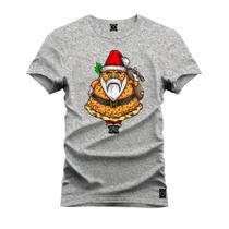 Camiseta Casual 100% Algodão Estampada Papai Noel Pizza