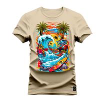 Camiseta Casual 100% Algodão Estampada Praia Style