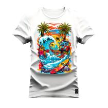 Camiseta Casual 100% Algodão Estampada Praia Style