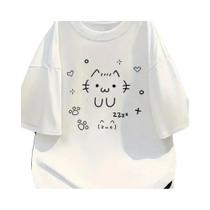 Camiseta Casual Branca Com Estampa De Gato Cartoon, Estilo Verão, Confortável E Divertida, Padrão De Camiseta Casual Branca Com Estampa De Gato Cartoon, Estilo Verão, Confortável E Divertida, Padrão De