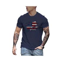 Camiseta Casual De Algodão Masculina De Verão Com Estampa Da Bandeira Americana, Gola Redonda, Manga