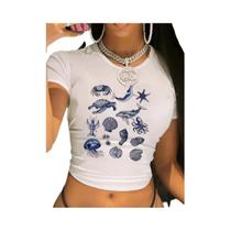Camiseta Casual De Manga Curta Com Estampa De Animais Do Oceano Y2K