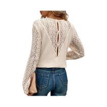 Camiseta Casual De Manga Longa Com Decote Redondo Em Cor Sólida Com Detalhes Em Renda Moda Camiseta Casual De Manga Longa Com Decote Redondo Em Cor Sólida Com Detalhes Em Renda Moda