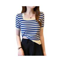 Camiseta Casual De Verão Para Mulheres, Listrada, De Manga Curta, Tricotada, Elástica E Cropped