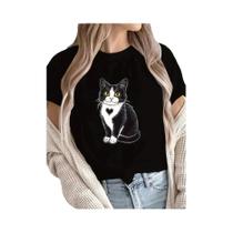 Camiseta Casual Feminina Com Design De Coração De Gato Preto, Manga Curta, Gola Redonda, Primavera