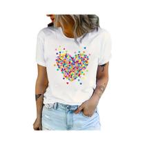 Camiseta Casual Feminina Com Estampa De Coração, Manga Curta, Decote Redondo, Design De Coração