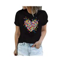 Camiseta Casual Feminina Com Estampa De Coração, Manga Curta, Decote Redondo, Design De Coração