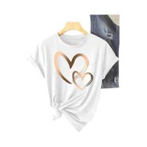 Camiseta Casual Feminina Com Estampa De Coração, Manga Curta, Decote Redondo, Design De Coração Camiseta Casual Feminina Com Estampa De Coração, Manga Curta, Decote Redondo, Design De Coração