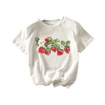 Camiseta Casual Feminina Com Estampa De Morango, Design Vibrante De Frutas, Tecido Respirável