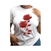 Camiseta Casual Feminina Com Estampa Floral E Decote Redondo, Micro Elasticidade, Essenciais Para Camiseta Casual Feminina Com Estampa Floral E Decote Redondo, Micro Elasticidade, Essenciais Para