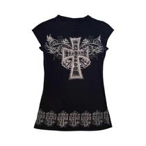 Camiseta Casual Feminina Com Manga Curta, Estampa Gótica De Cruz, Decote Redondo, Slim Fit, Moda De Camiseta Casual Feminina Com Manga Curta, Estampa Gótica De Cruz, Decote Redondo, Slim Fit, Moda De