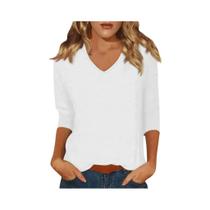 Camiseta Casual Feminina De Algodão Com Decote Em V E Manga 3/4, Cor Pura, Versátil Para Uso Diário,