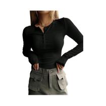 Camiseta Casual Feminina De Manga Longa Com Listras, Decote Redondo E Botões Frontais