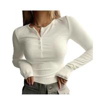 Camiseta Casual Feminina De Manga Longa Com Listras, Decote Redondo E Botões Frontais