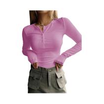 Camiseta Casual Feminina De Manga Longa Com Listras, Decote Redondo E Botões Frontais Camiseta Casual Feminina De Manga Longa Com Listras, Decote Redondo E Botões Frontais