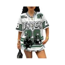 Camiseta Casual Feminina Oversized Com Decote Em V E Manga Curta, Estampa De Nova York 28, Estilo