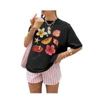 Camiseta Casual Feminina Y2K Com Estampa De Conchas E Flores, Manga Curta, Estilo De Férias Camiseta Casual Feminina Y2K Com Estampa De Conchas E Flores, Manga Curta, Estilo De Férias