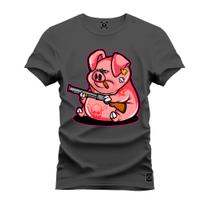 Camiseta Casual Malha Confortável Estampada Porco Caçador